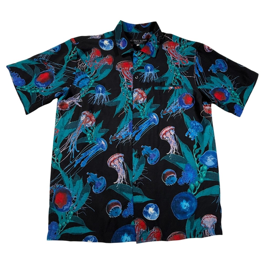 Via Ripatti Designs Mens Jellyfish Print Button‎ Down Shirt Black Teal Size M